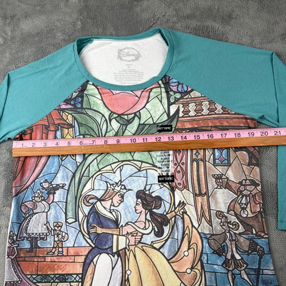 Disney Beauty and the Beast Stained Glass Raglan Tee Hot Topic XL Teal 3/4 Sleev - Picture 4 of 6